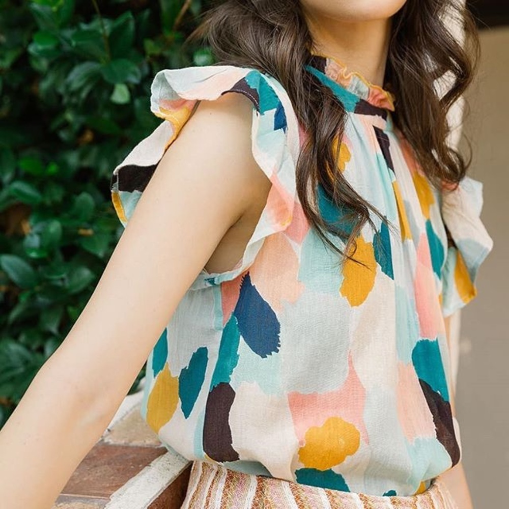 Anthropologie THML colorful top ruffle sleeves